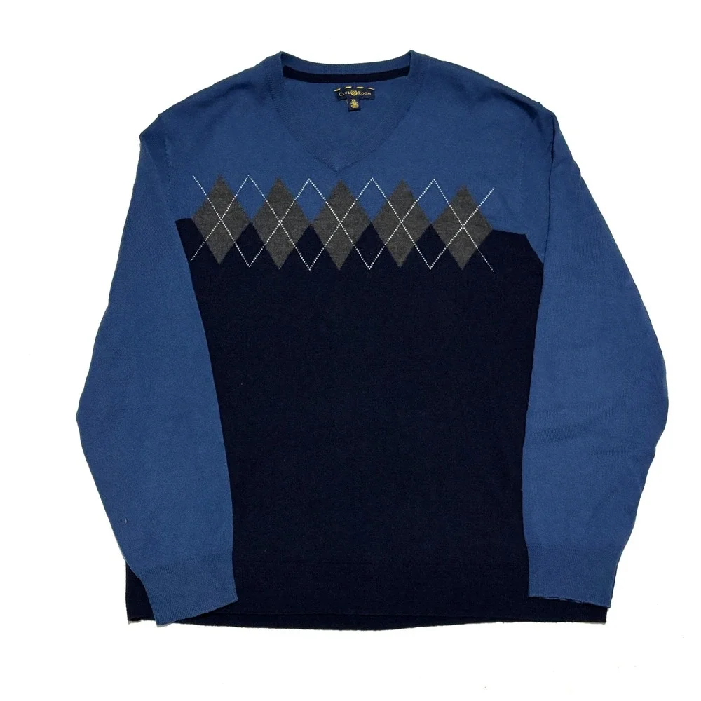 Club Room Men's XL V-Neck‎ Argyle Sweater Merino Wool Blend Blue Navy Preppy
